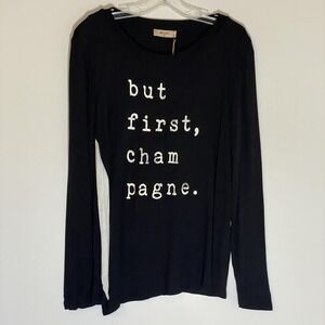 B'Leev Top Womens Medium Black Champagne Graphic Long Sleeve Made USA